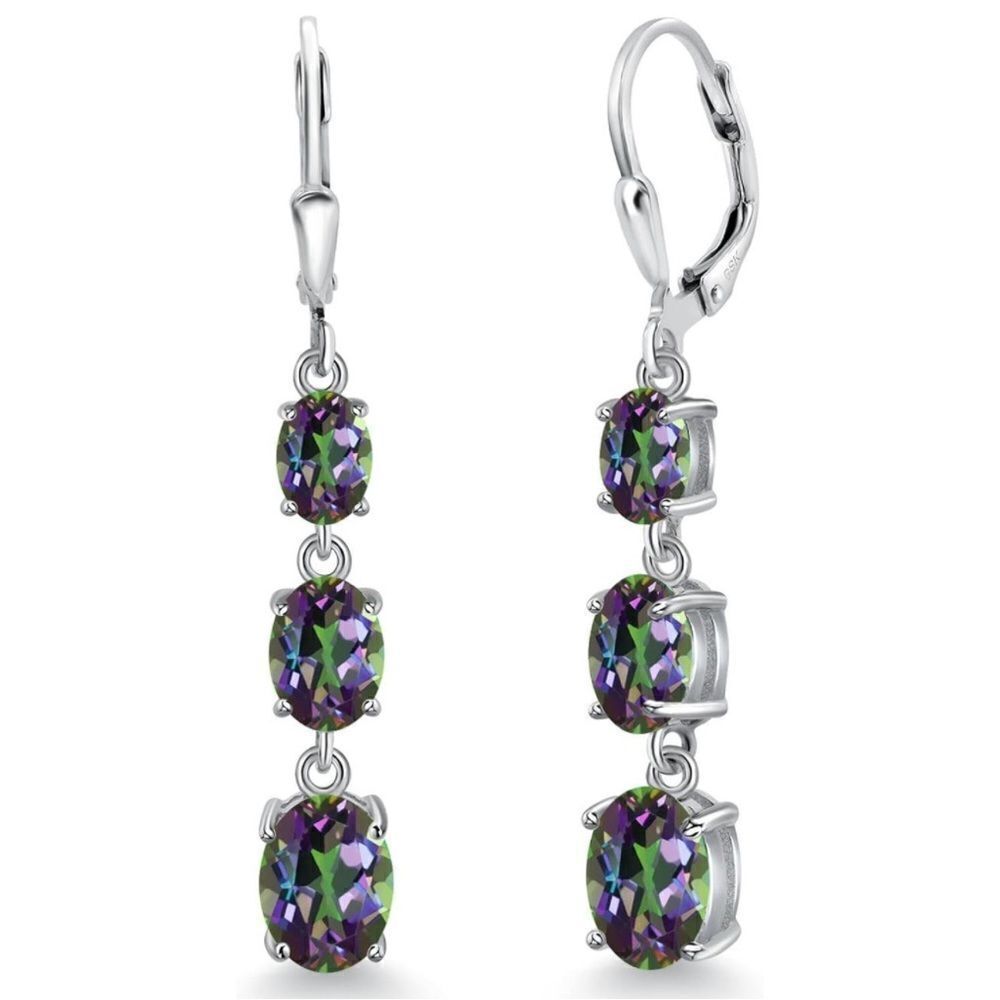925 Sterling Silver with 6.35 Cttw 3 Stone Green Mystic Topaz Leverback Earrings